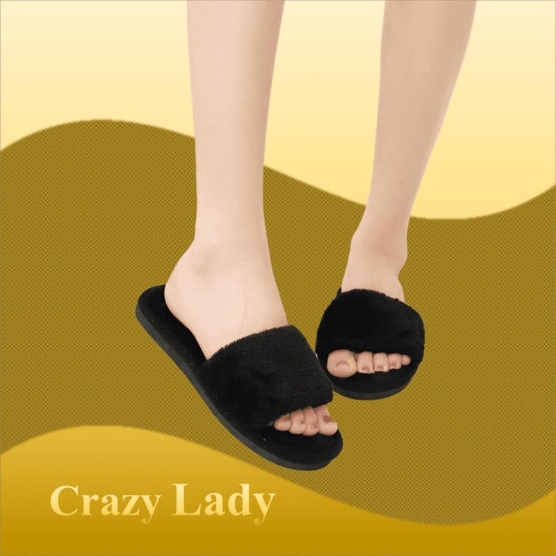 Crazy Lady Women's Fuzzy Fluffy House Slippers Cozy Cute Open Toe Memory Foam Breathable Indoor Outdoor Anti-slip Sandals(02Black40) - Image 2